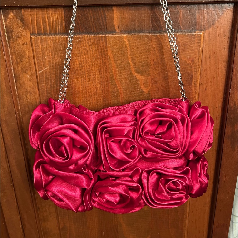 Red Satin Rosette Clutch Evening Prom Bag Purse